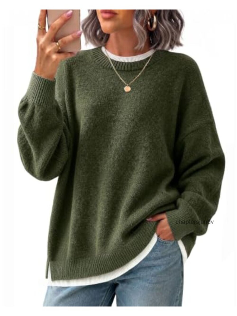 Oversized Faux Layer Knit Pullover Sweater Textured Crew Neck